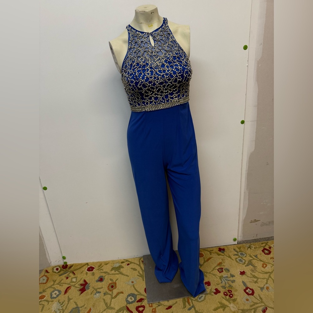 Dave & Johnny Blue Beaded Halter Jumpsuit